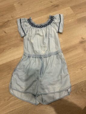 Love Tree Light Blue Chambray Girls Romper with Smocked Neckline